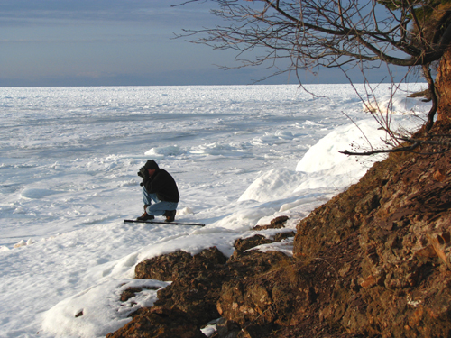 Mike Hainstock on Ice, Presque Isle, photo by Kim Nixon